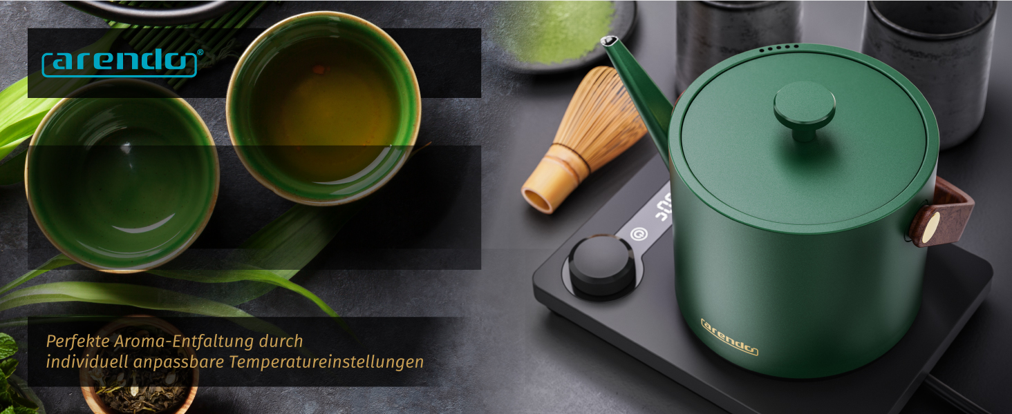 Електричний чайник Arendo з регулюванням температури 40-100°C, 0.6 л, з цифровою основою, з індикатором температури, BPA Free, функція підтримки тепла, чорно-зелений