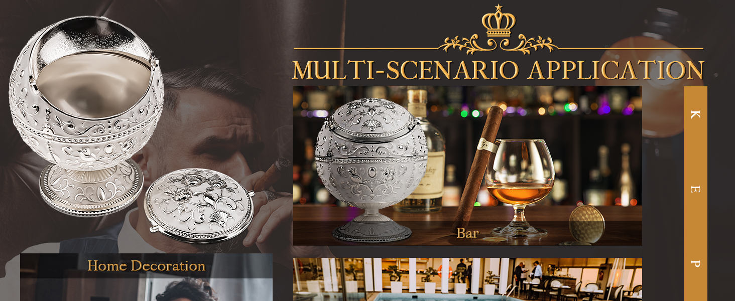 Вінтажна попільничка з кришкою, металева, сріблястого кольору, зі скляною кулею. Вітрозахисна, портативна, для дому, офісу, готелю. Декоративний предмет, подарунок.