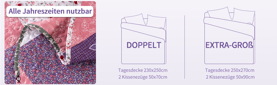Qucover Комплект ковдри та покривала на двоспальне ліжко 220x240 см/230x250 см, стеганий, квітковий принт, фіолетовий