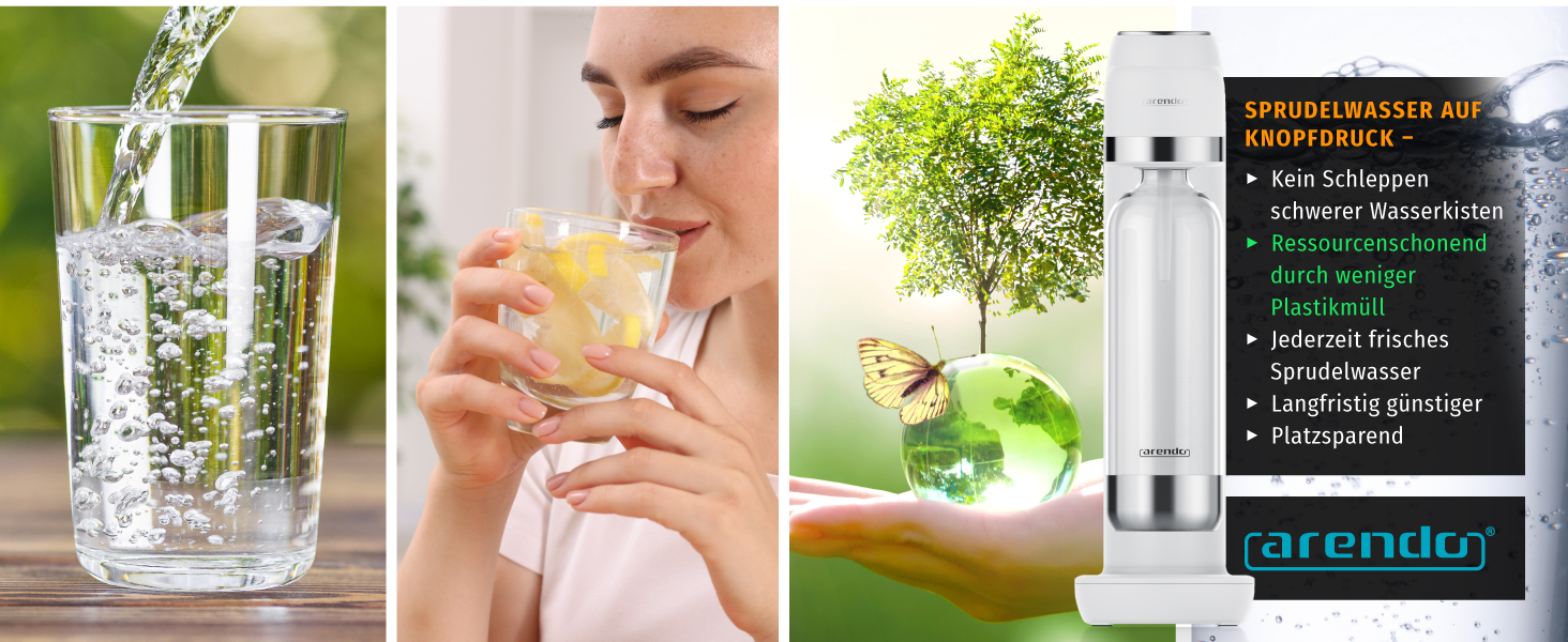 Arendo Soda Maker - Газова вода вдома: приготуйте газовану воду без цукру та барвників! Сумісний з CO2 балонами 60 л, пляшка 1000 мл, BPA free