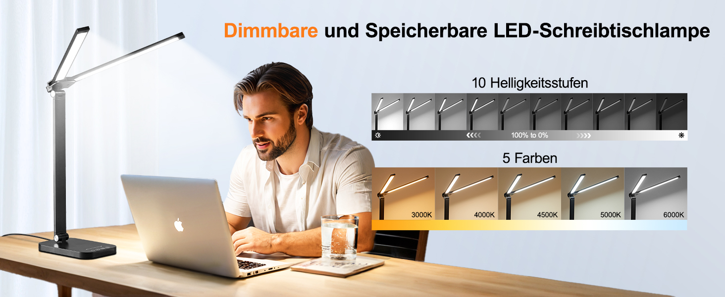 Настільна лампа One Fire з адаптером, 1000 люмен, 96 LED, диммування, для навчання дітей, з таймером та функцією пам'яті, денне світло, білий/чорний колір