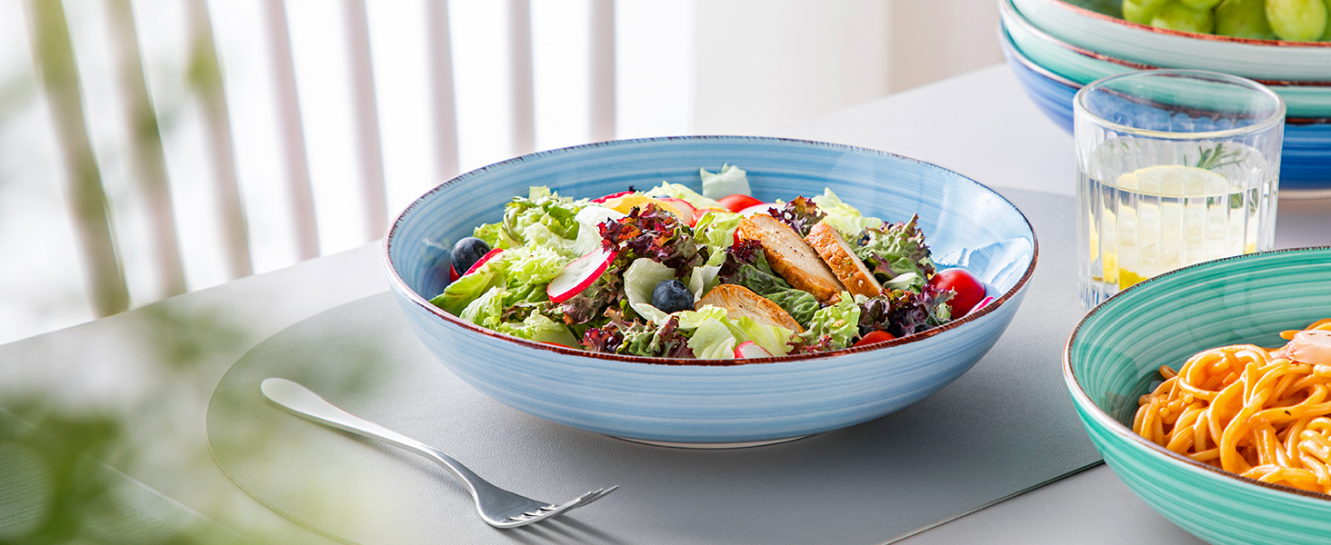 Набір Suppenteller Vancasso Bonita (6 шт.) з кераміки: тарілки для супу, пасти, спагеті, рамену, салатів, універсальні (1.4 л, блакитні)