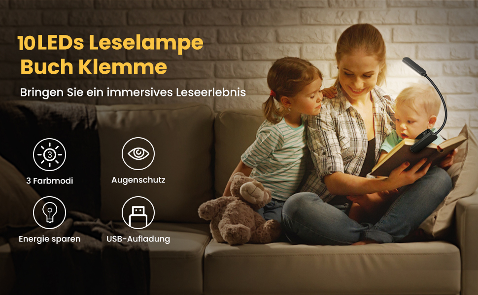 LED лампа для читання TEAMPD з кліпсою, 10 світлодіодів, 3 режими колірної температури, регульована яскравість, захист очей, USB-зарядка, гнучкий світильник для читання в ліжку, у подорожі, чорний