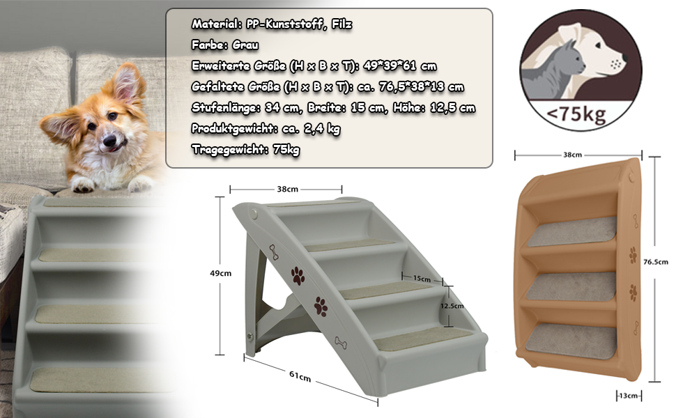 Складні пластикові сходи для собак і котів Froadp 49x38x61 см, 4 сходинки, з фетровим килимком, нековзкі, переносні, для ліжка, балкона, дивана, сірі