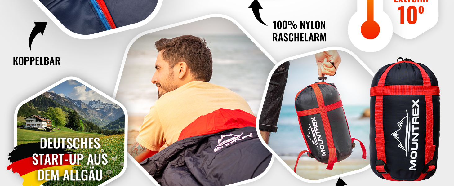 Сплячий мішок MOUNTREX® - компактний та ультралегкий (760г/1500г) - Outdoor спальний мішок для літа (100GSM) / 3-4 сезони (300GSM) Мумієподібний спальний мішок – кемпінг, подорожі, фестивалі – теплий та з'єднувальний темно-синій/червоний літній спальник