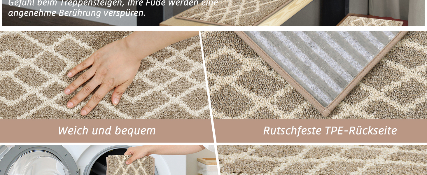 Ковзаючі сходинки для дому COSY HOMEER, 15 шт. (70 x 22 см), антиковзаючі, самоклеючі, машинне прання, 100% поліестер, TPE-підкладка, ідеально для дітей, літніх людей та домашніх тварин, бежевий ромбік