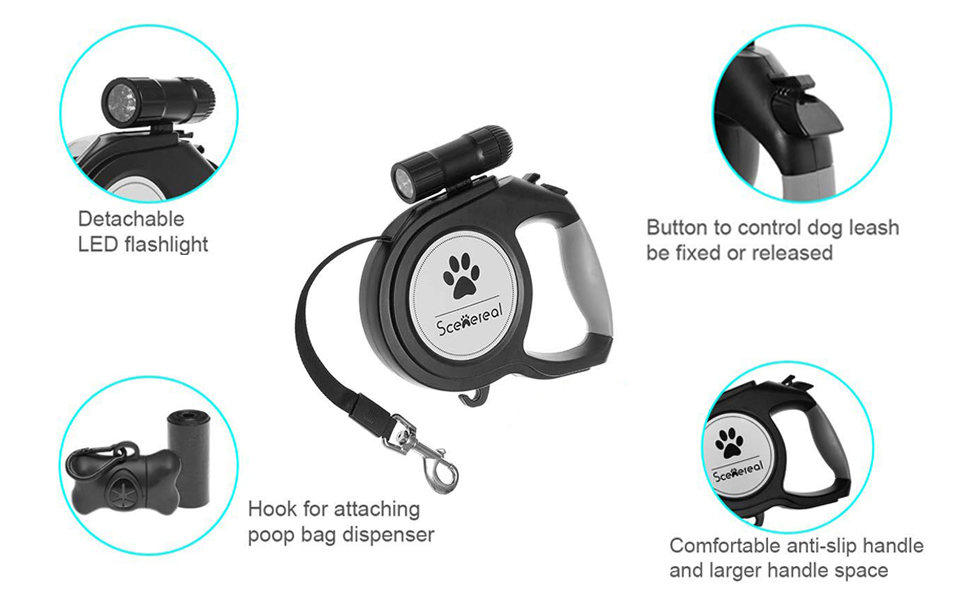 Висувна поводок для собак SCENEREAL – 7.8 м, з LED-ліхтариком та дозатором для відходів, до 50 кг, для середніх та великих собак