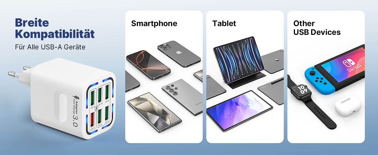 Зарядний пристрій USB 6-портовий, 33W, адаптер з QC 3.0, багатопортовий зарядний пристрій, мережевий адаптер для iPhone 16 15 14 13 12 11 Pro Max, iPad, мобільний телефон, білий