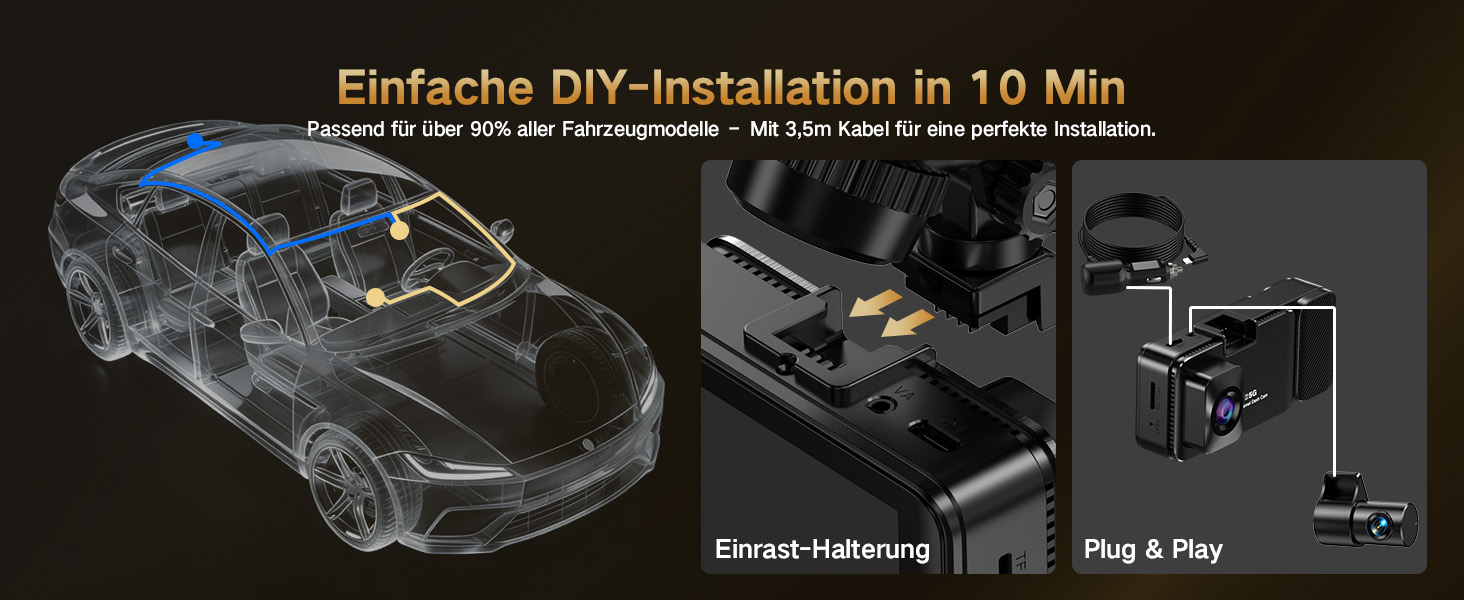 3-канальний автомобільний відеореєстратор 4K (передній, задній, салонний), 170° широкий кут, нічна зйомка, паркування 24/7, G-сенсор, WiFi 5.8 ГГц, SD-карта 64ГБ, чорний