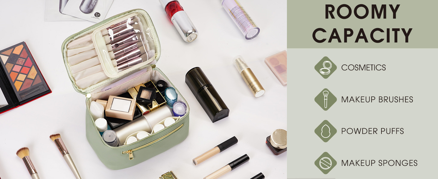 Косметичка для жінок, велика дорожня косметичка для макіяжу з відділенням для пензликів, органайзер, культиватор, з PU-шкіри, переносний мішечок для макіяжу, зелений (патент)