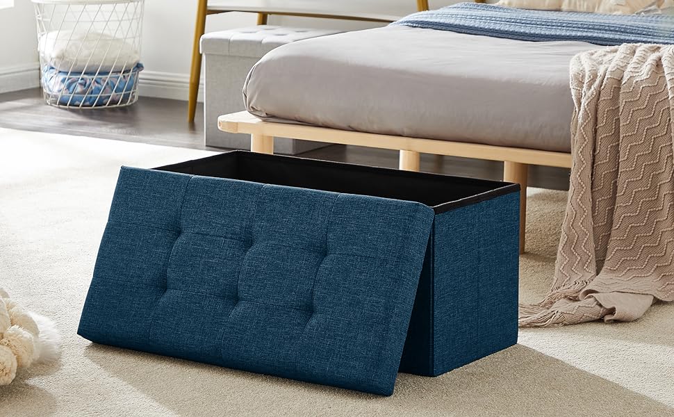 Zedelmaier Bench with Storage Space, Upholstered Bench, Seat Stool, Storage Chest, Load Capacity up to 300 kg, 76 x 38 x 38 cm (Linen - ) (Navy Blue, 38W x 76D x 38H cm)