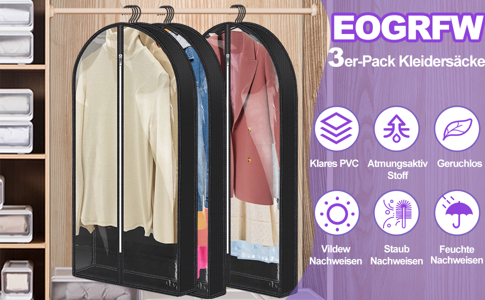 Чохли для одягу 3 шт. Преміум, дихаючі, на блискавці, 100x60 см, чорні. Для зберігання та подорожей.