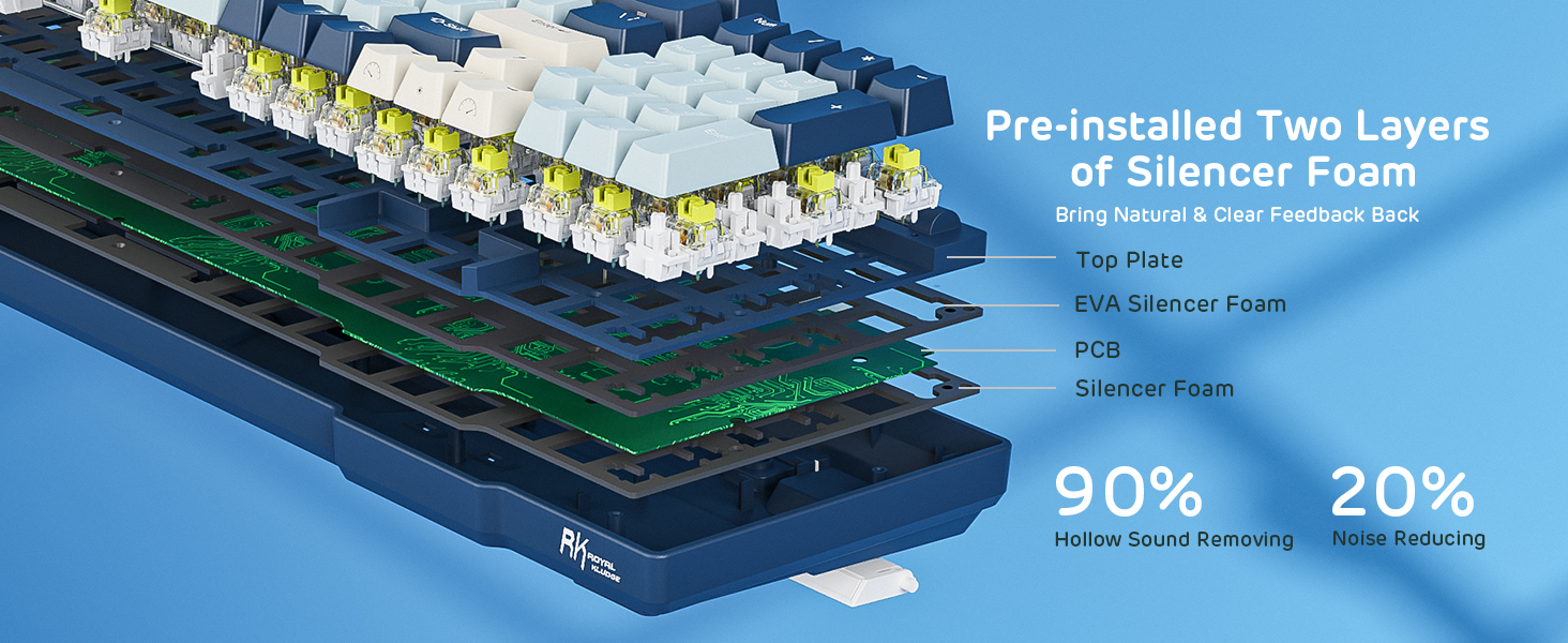 Механічна клавіатура RK ROYAL KLUDGE RK96 RGB Limited Ed: 96 клавіш, 90% layout, Bluetooth 5.0/2.4G/USB-C, Hot-Swap, RGB підсвітка, RK Yellow Switch, Wald Blau, QWERTY