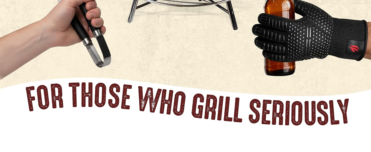 HORUS 23 Набір аксесуарів для гриля – 4 предметний набір: щипці, лопатка, виделка та термостійкий рукавичка