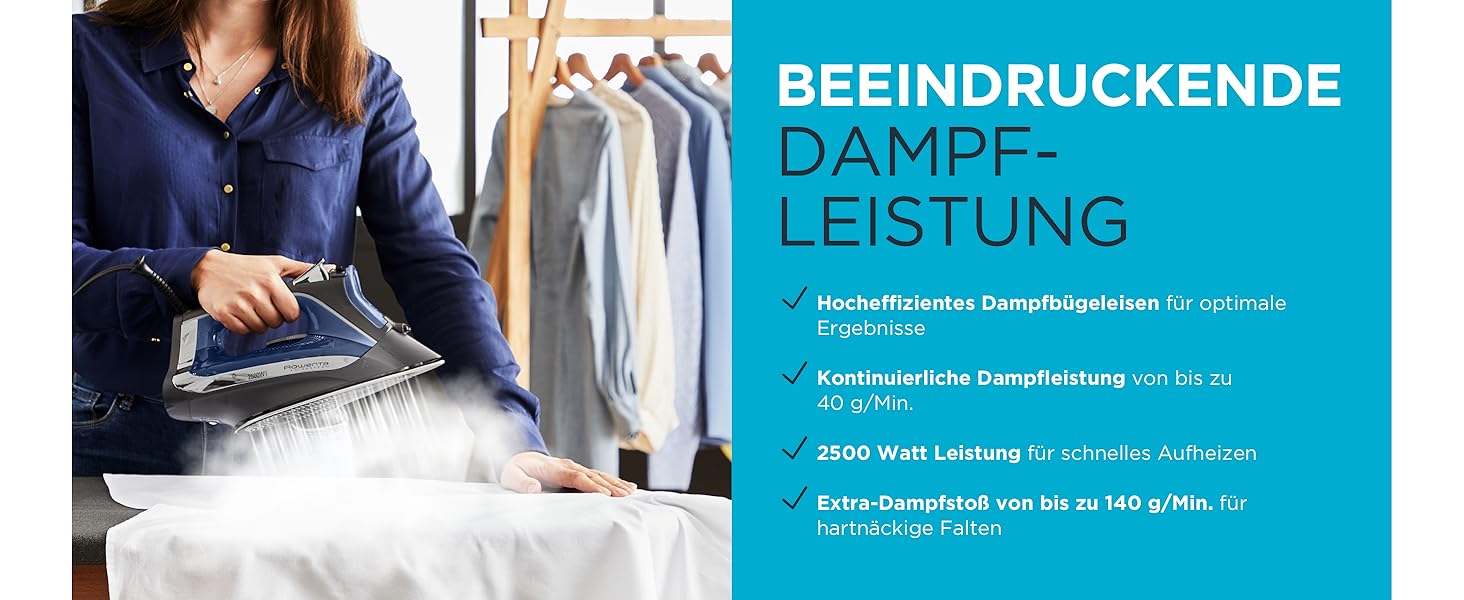 Праска Rowenta Acessteam DW4301: 2500 Вт, 140 г/хв, Microsteam 300, захист від накипу, без крапель, блакитно-чорна