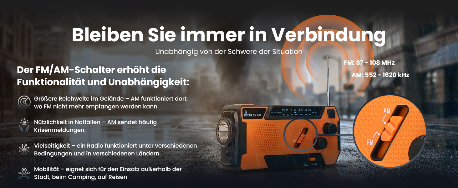 Радіо Extralink Kurbelradio: аварійне радіо з сонячною панеллю та ручкою, акумулятор 4000 mAh, FM/AM, LED ліхтарик, SOS сигнал. Для блекауту, кемпінгу та відпочинку на природі