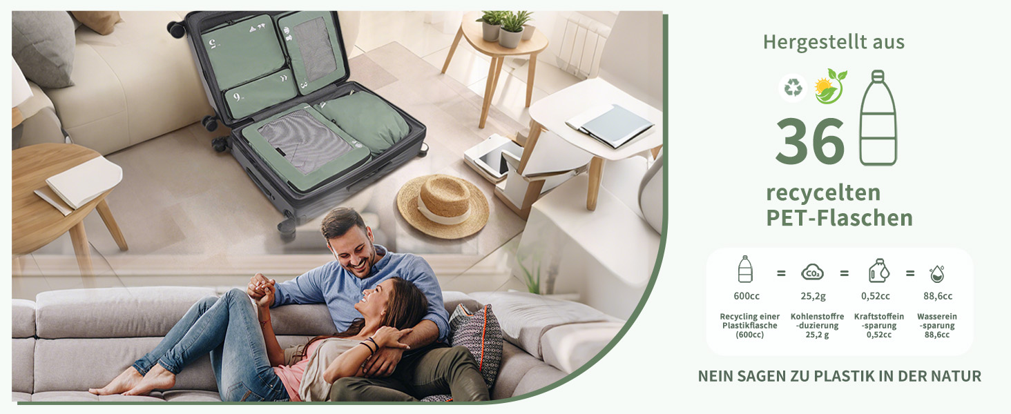 Набір органайзерів для валізи ECOHUB 7 шт., тревел-куби з блискавкою, з переробленого PET, зелений колір