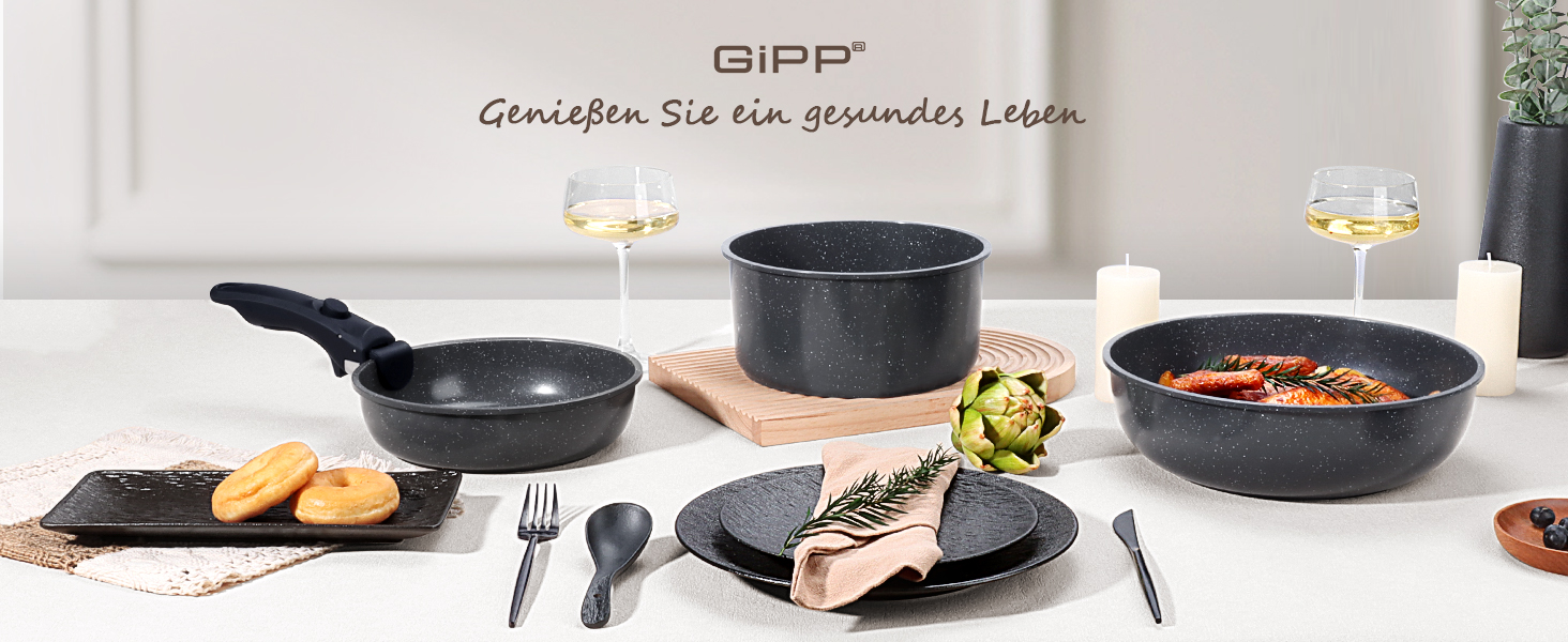 GiPP 5-Piece Ceramic Cookware Set with Removable Handle - Non-Stick, Induction Ready, Oven Safe, PTFE/PFOA-Free - White & Black