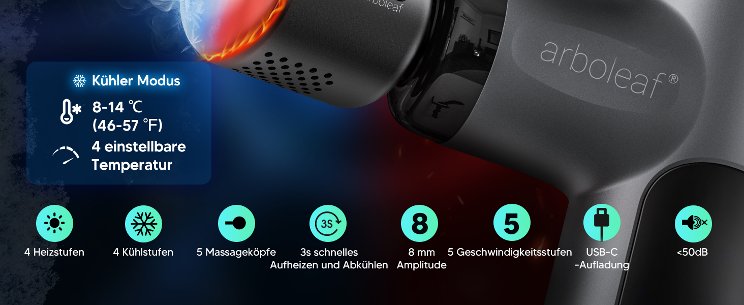 Масажер для тіла Arboleaf Mini Massage Gun: 5 швидкостей, 4 насадки, 3200 U/Min, для дому, фітнесу та подорожей (Чорний з підігрівом)