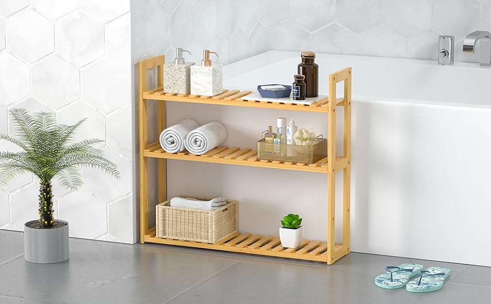 Настінна полиця Casaria з бамбука 60x54 см, 3 яруси, ванна, кухня, вітальня, дитяча, до 30 кг