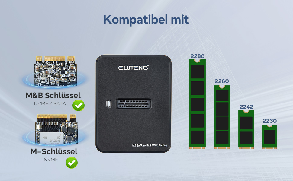 Док-станція для SSD ELUTENG: M.2 NVMe/SATA, 10Gbps, підтримка 2230/2242/2260/2280, адаптер з USB-корпусом