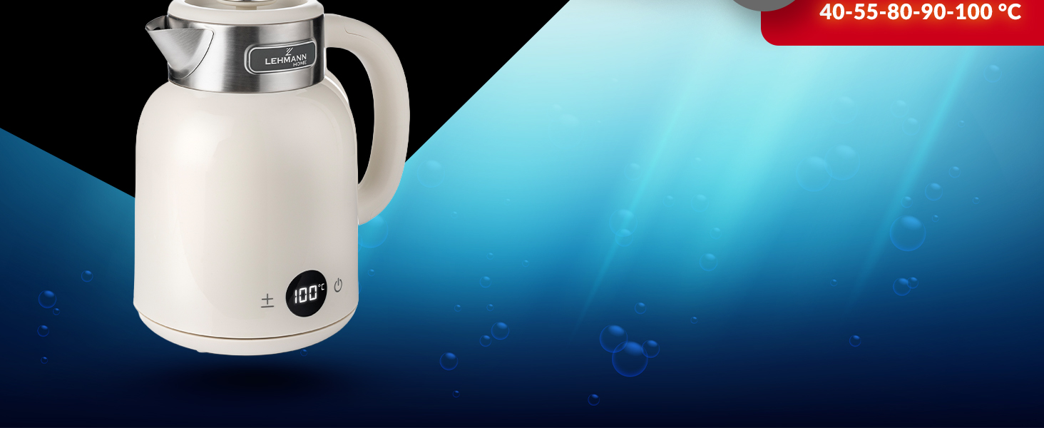 Електричний чайник LEHMANN з регулюванням температури 40-100°C, 1,5L, функцією підігріву, швидким нагріванням, LED-дисплеєм, нержавіючою сталлю, автовимкненням та захистом від перегріву, BPA-free, кремовий