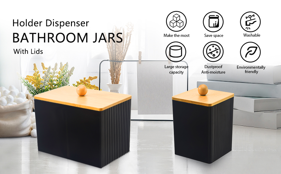 Диспенсер для ватних дисків та паличок з бамбуковим кришкою, органайзер для ватних виробів, чорний, для ванної кімнати