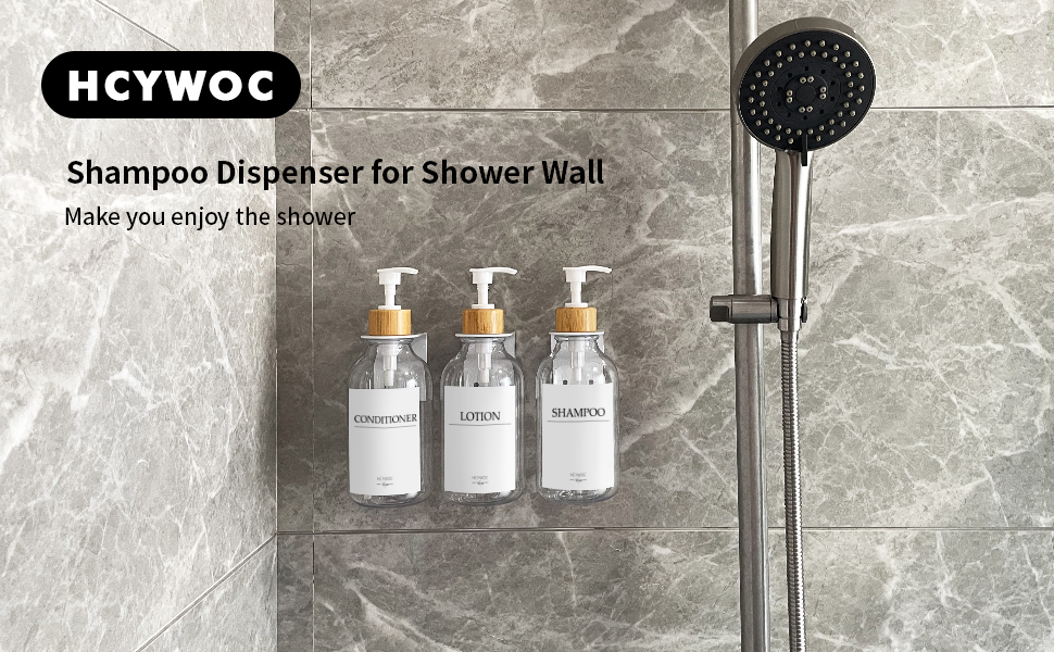 Набір дозаторів для мила, шампуню та миючого засобу на стіну, 500 мл, 3 шт., прозорий + бамбук