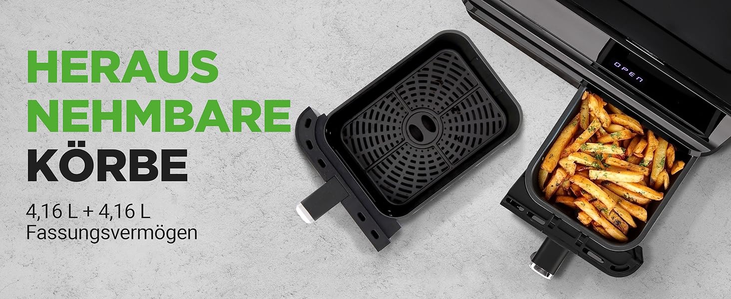 Фритюрниця NutriChef з гарячим повітрям, XXL 8л, подвійна камера, вікно, max 360°C, 9 програм, антипригарне покриття, придатна для миття в посудомийній машині, приготування без жиру, фритюрниця, гриль, духовка, 1700W, 8л, чорний