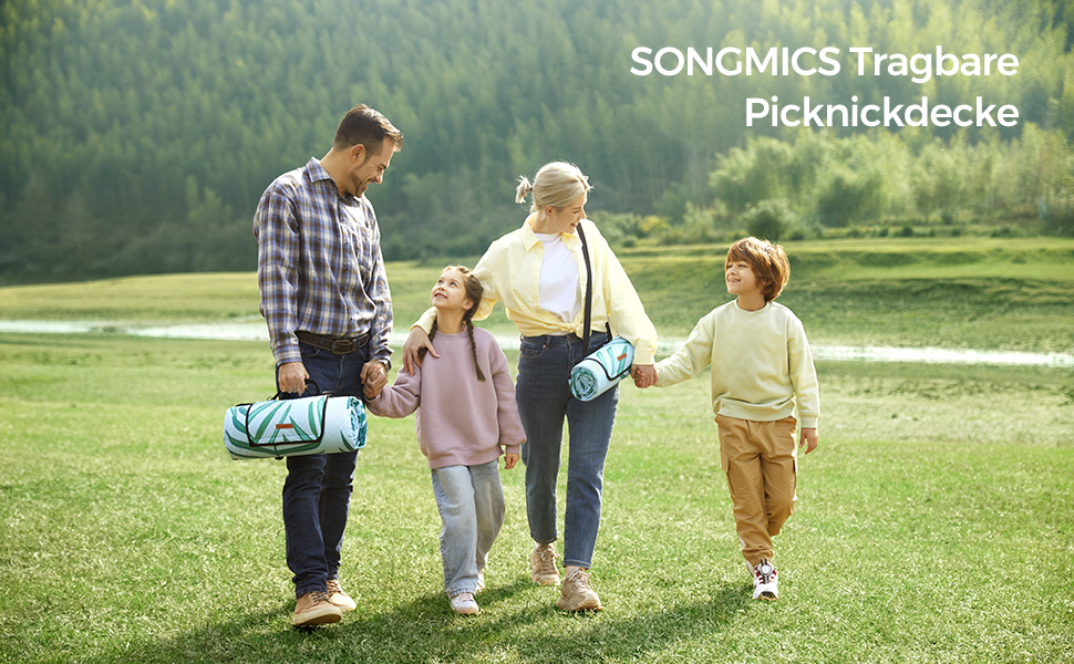 Пікнік килимок SONGMICS 200x200 см водонепроникний, складний, машинне прання, для кемпінгу, парку, саду, пляжу, візерунок папороть, сірий і блакитний