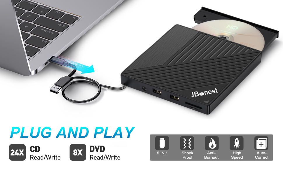 Зовнішній CD/DVD привід USB 3.0 Type-C з картридером SD/TF, портативний RW-записувач для ноутбука, ПК, MacBook (Windows, macOS, Linux) — Чорний