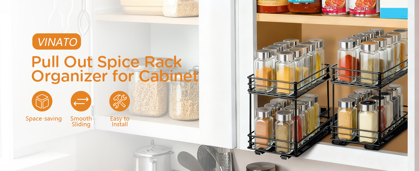 VINATO Висувна полиця для спецій на 2 яруси – органайзер для кухні з роликовими направляючими, підставка для спецій у шафку, полиця для спецій без свердління (26x15x21,8 см)