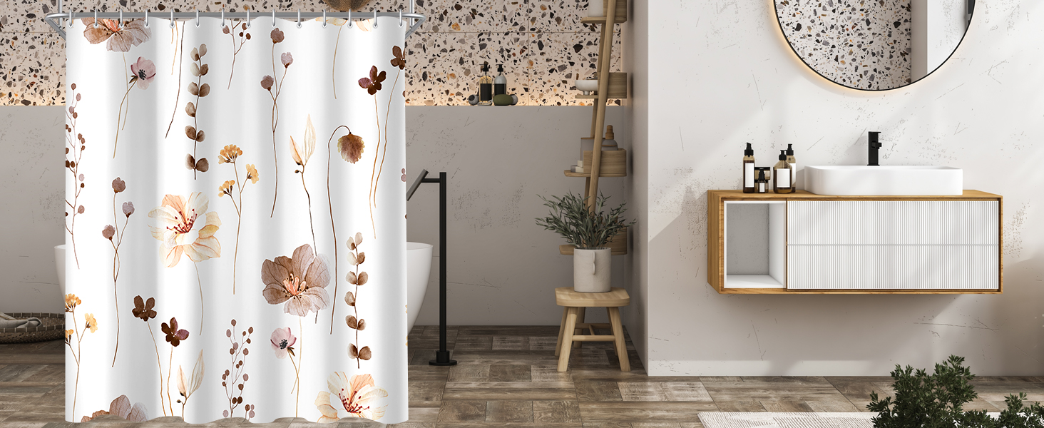 Штора для душу 240x200 см коричнева з квітами, антигрибкова, водовідштовхувальна, поліестер, з кільцями для ванної кімнати