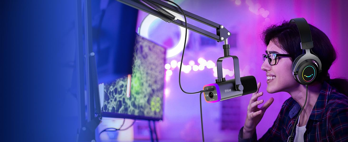 Мікрофон FIFINE XLR для стрімінгу, подкастів та запису звуку. USB динамічний мікрофон з кріпленням для PS4/5, Mac, Mixer, Sound Card. Чорний