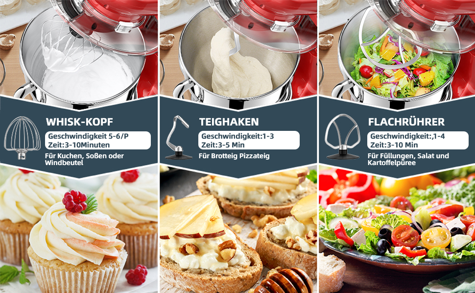 Кухонна машина для замішування тіста 2000W з чашею 6.5л з нержавіючої сталі, 6 швидкостей, з міксером, гаком для тіста, вінчиком та захистом від бризок (червона)