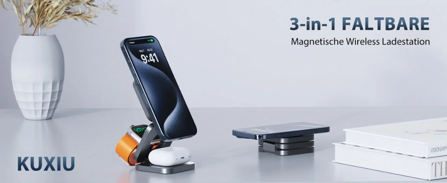 Зарядна станція KU XIU X55 15W MagSafe 3-в-1: для Apple Watch, iPhone 17-12, AirPods + USB-C 30W адаптер, сіра, складана, магнітна