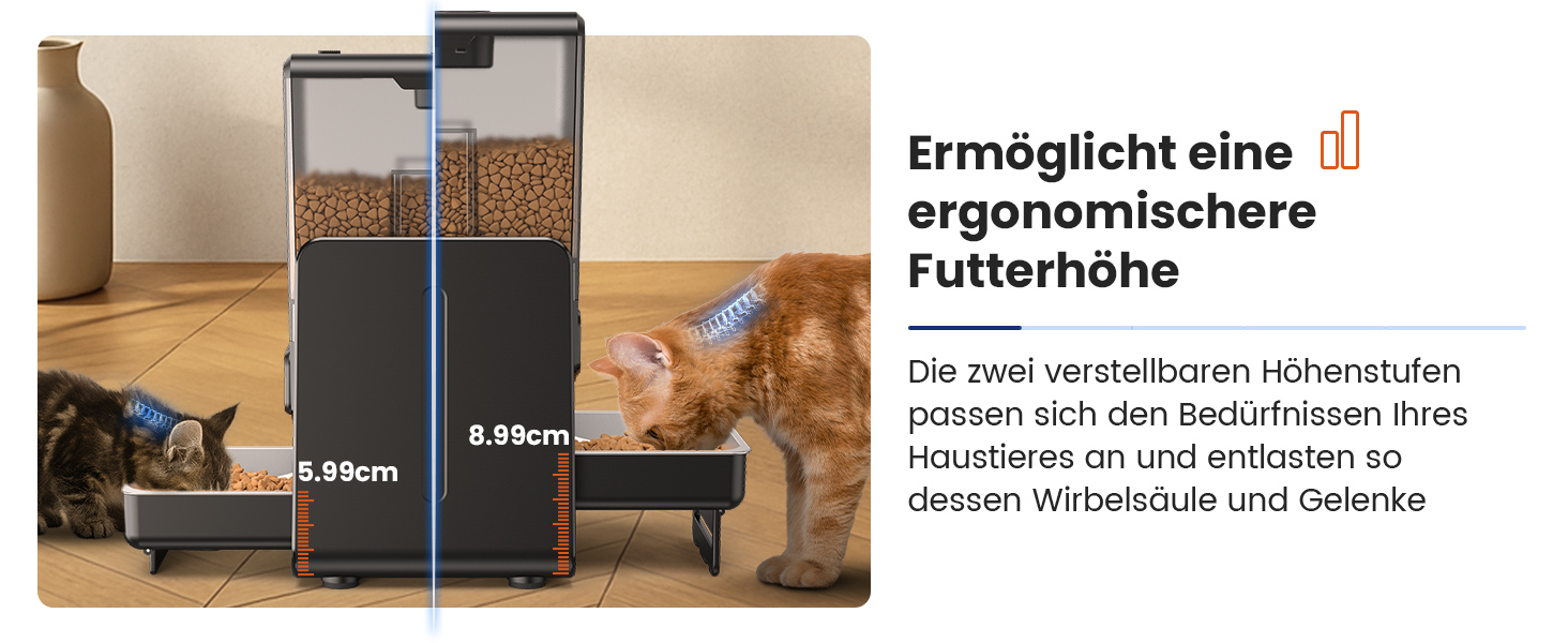 Автомат годування котів з App-керуванням, для 2 котів, регульована висота, 2 миски, 5-літровий бункер, з функцією запису голосу, таймер, WiFi