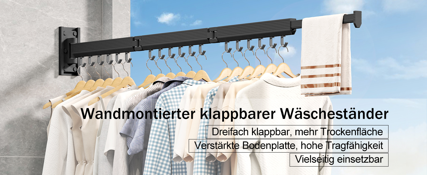 Настінна сушилка для білизни розкладна та складна, з алюмінію, 100 кг, з білими гачками (Black-hooks)