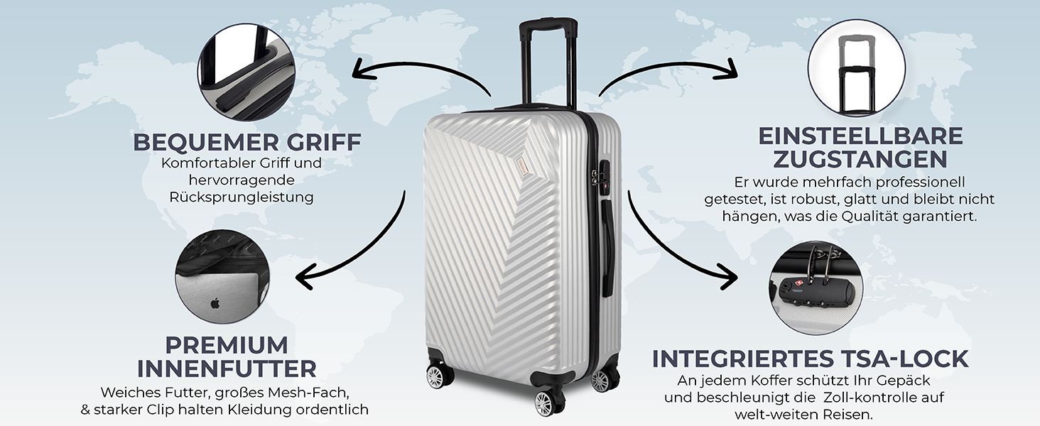 Набір валіз xRace 3 шт. ABS, 20/24/28 дюймів, ручна поклажа, TSA, 360° колеса, стійкий до ударів, преміум підкладка (Сріблястий)