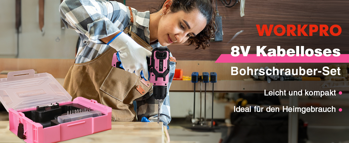 WORKPRO 8V акумуляторний дриль-шуруповерт, комплект з кейсом, 2000 mAh, 10 мм патрон, 12 Н·м, LED-ліхтик, 21 шт. аксесуарів, для ремонту та DIY, сірий & зелений (рожевий & чорний)