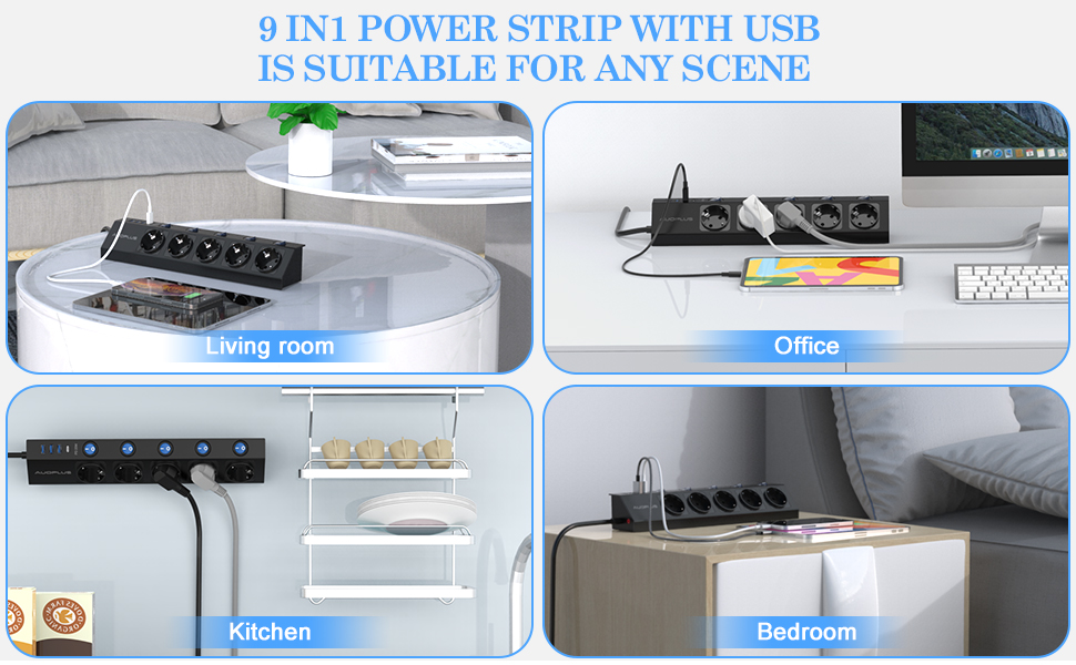 Многофункціональна мережева планка з USB-C (PD 20W) та USB, 5 розеток, захист від перенапруги, 2м кабель, чорний
