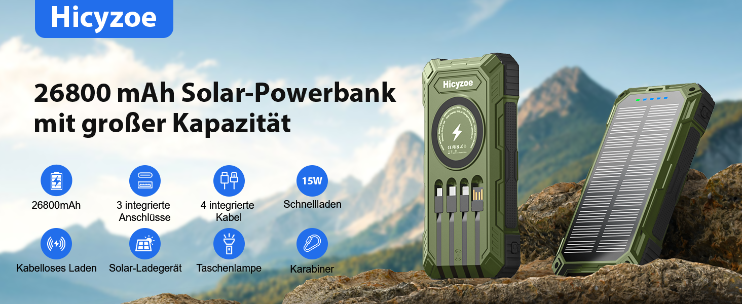 Сонячний повербанк 26800 mAh з 4 кабелями, швидка зарядка USB-C, Qi бездротова зарядка, LED ліхтарик - для телефонів, планшетів, кемпінгу (Зелений)