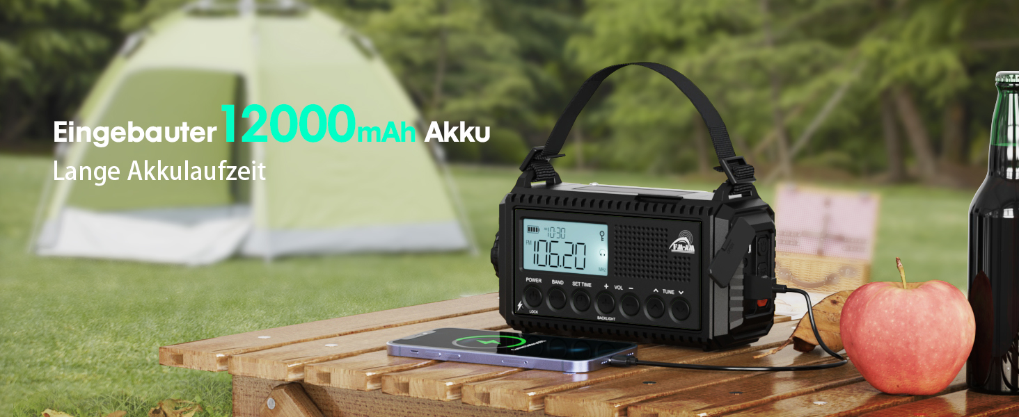 Радіоприймач Kurbelradio на 12000mAh з сонячною панеллю та ручкою, AM/FM/SW, з ліхтариком, USB-зарядкою, SOS-сигналом, для кемпінгу та надзвичайних ситуацій, зелений
