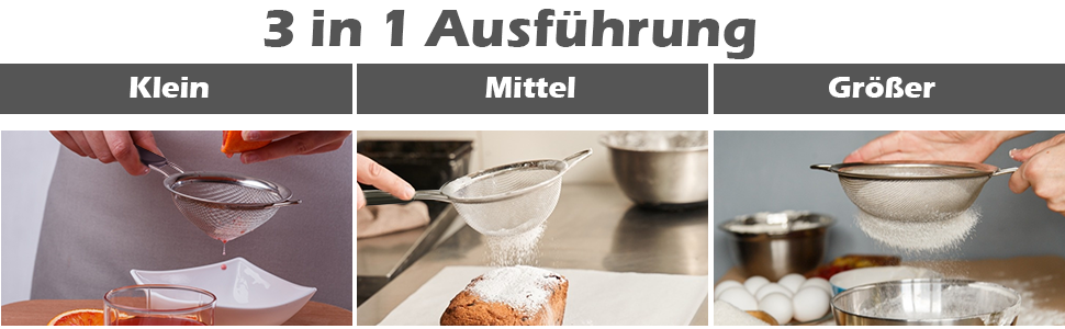 Набір сит кухонних, 3 шт. (8, 16, 18 см), нержавіюча сталь. Сито для борошна, макаронів, кіноа з неслизькими, ізольованими ручками. Набір сит з дрібною сіткою з пластиковою ручкою