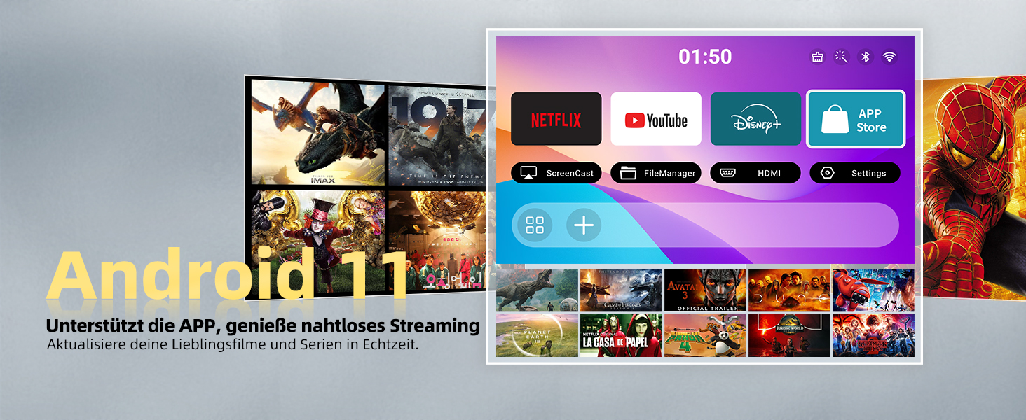 Beautiebeam Beamer: Міні проєктор Full HD 1080P/4K з автотрапецеїдною корекцією, Android 11, Bluetooth 5.0, WiFi 2.4/5G, 180° обертання для дому та на вулицю