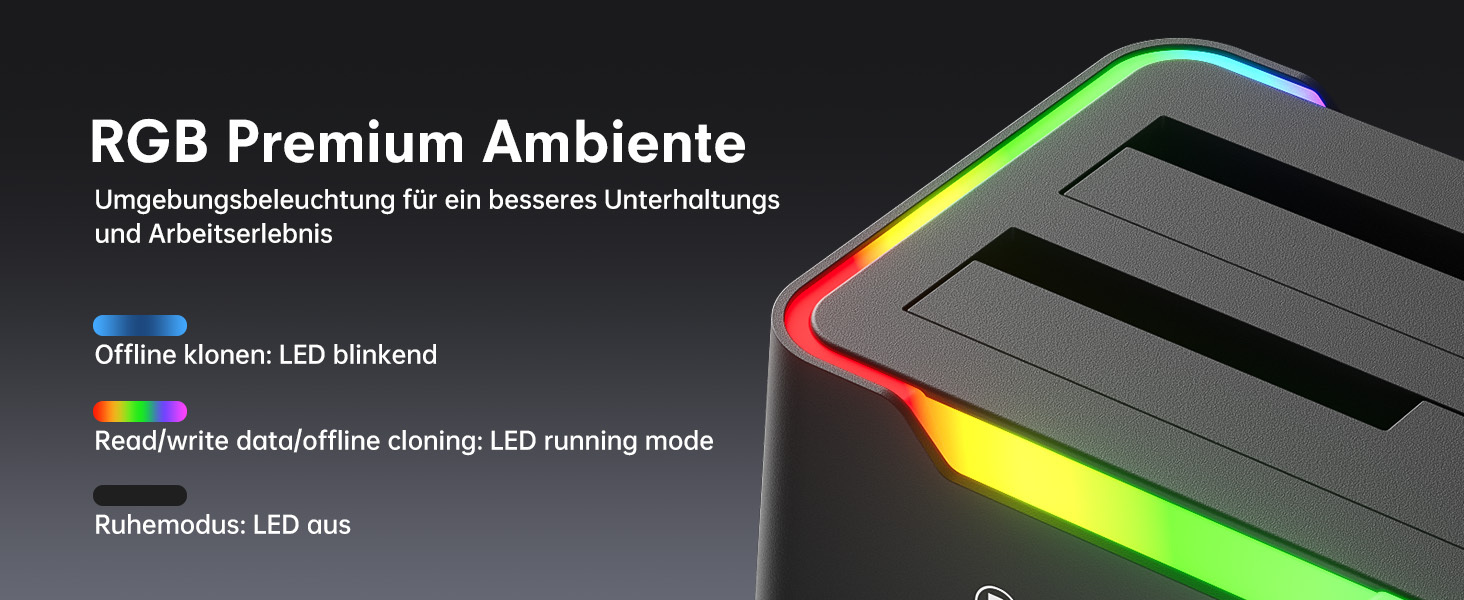 Док-станція для жорстких дисків POSUGEAR RGB USB 3.0 з підтримкою 2.5/3.5 SATA HDD/SSD, 2 відсіки, Offline Clone, UASP