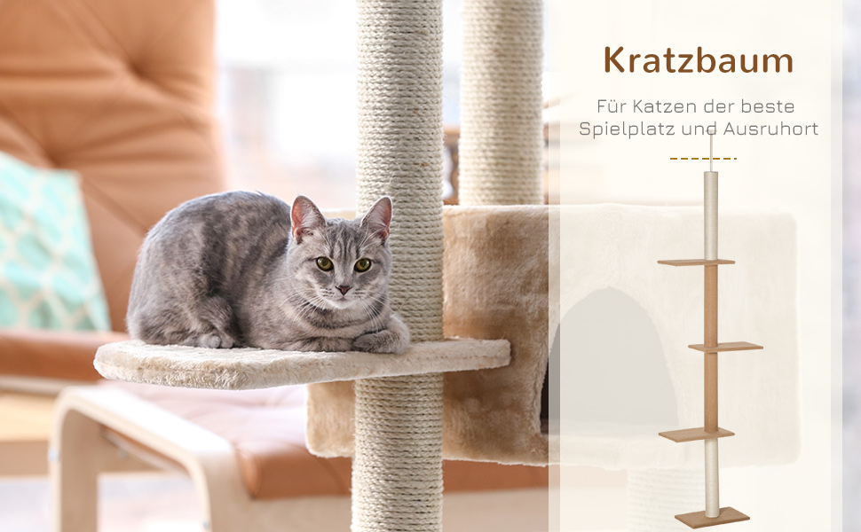 PawHut Cat Tree, Ceiling-High, 228-260 cm Adjustable Height Cat Tree/Climbing Tree for Cats with 3 Levels, Cat Scratching Post, Floor-to-Ceiling Play Tree (Khaki)