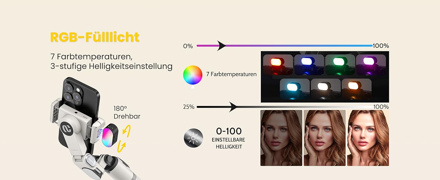 Стабілізатор для телефону AOCHUAN M2Pro, 4-в-1 RGB світло, тримач для смартфона, 108 см, чорний/білий