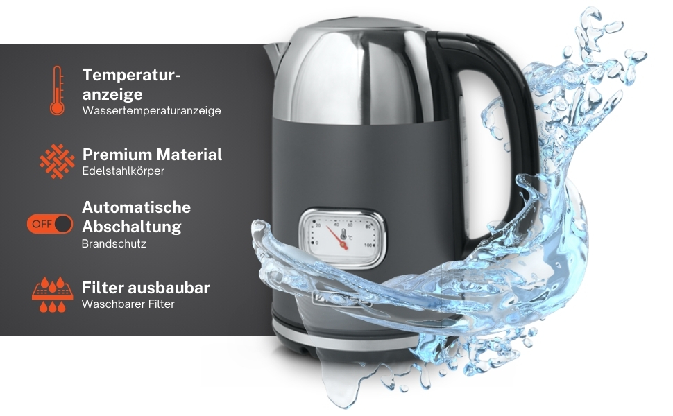 Електричний чайник зі сталі Muse Retro з аналоговим термометром, фільтром, прозорою шкалою, об'ємом 1,7 л, автоматичним відключенням, матовий золотий (MS-030 BC) (Сірий)