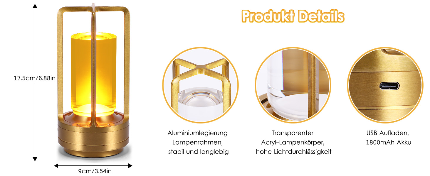 Торшер з торканням, бездротова LED лампа в стилі вінтаж, USB-зарядка, 3 кольори, регулювання яскравості, для спальні, офісу, вітальні, декор, подарунок (золотий)